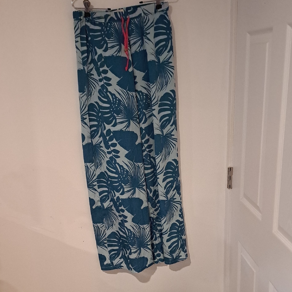 Green Label Tropical Blue Leaf Print Wide Leg Size S